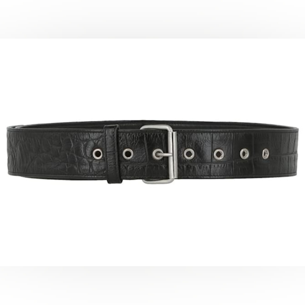 Saint Laurent Croc-Embossed Leather Belt Black Womens Sz 80/32"
